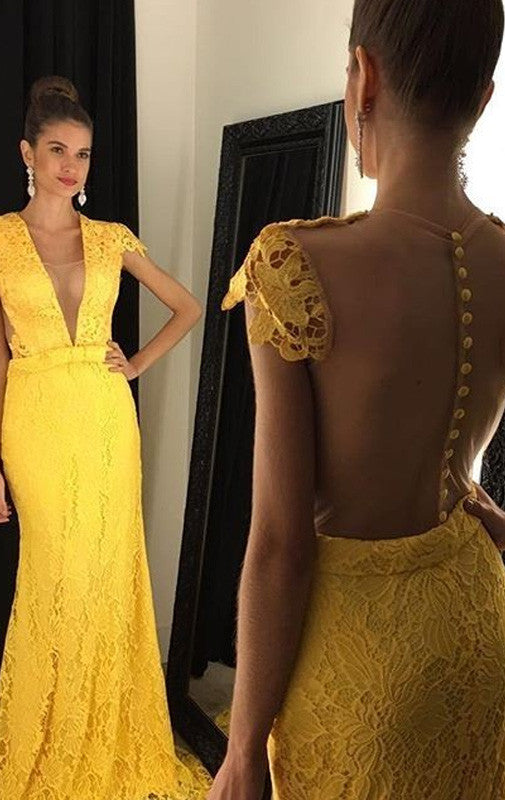 MACloth Mermaid Cap Sleeves Lace Long Prom Dress Formal Gown