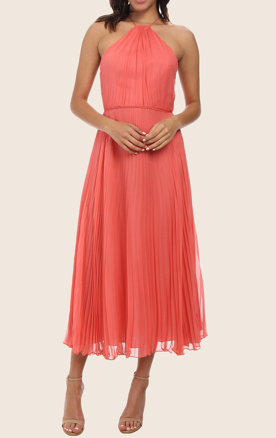 Macloth Halter Tea Length Chiffon Cocktail Dress Midi Formal Gown Blush Pink / Above Knee / US4