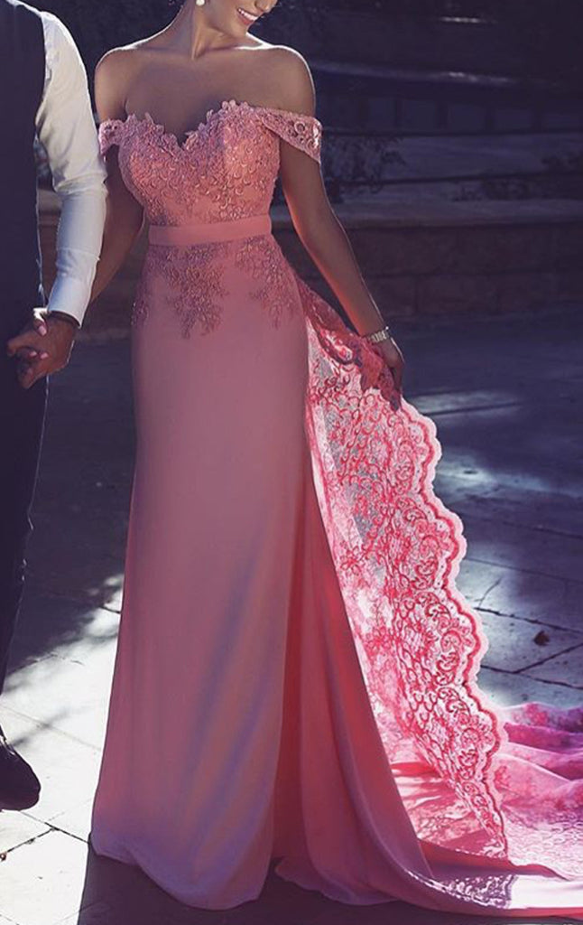 MACloth Schulterfreies langes Ballkleid aus Spitzenjersey in Rosa