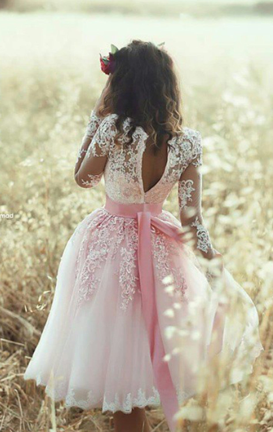 MACloth Long Sleeves V Neck Lace Tulle Cocktail Dress Pink Short Prom Dress Custom Color / Above Knee / US4