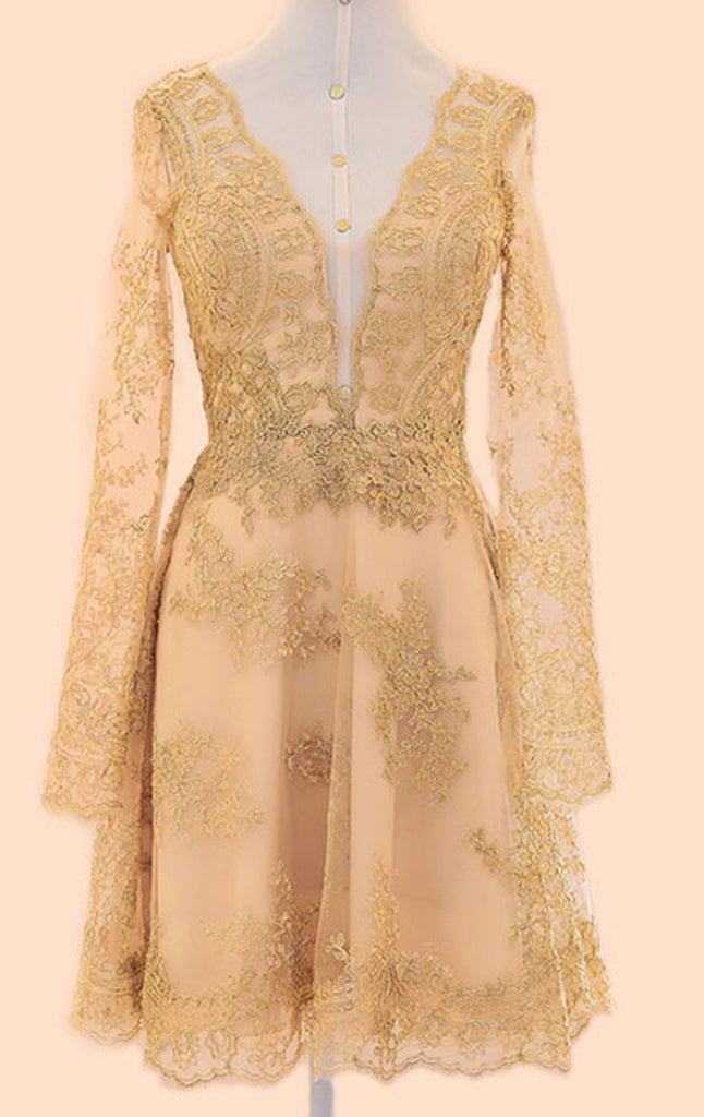 MACloth Long Sleeves V Neck Lace Cocktail Dress Gold Formal Gown