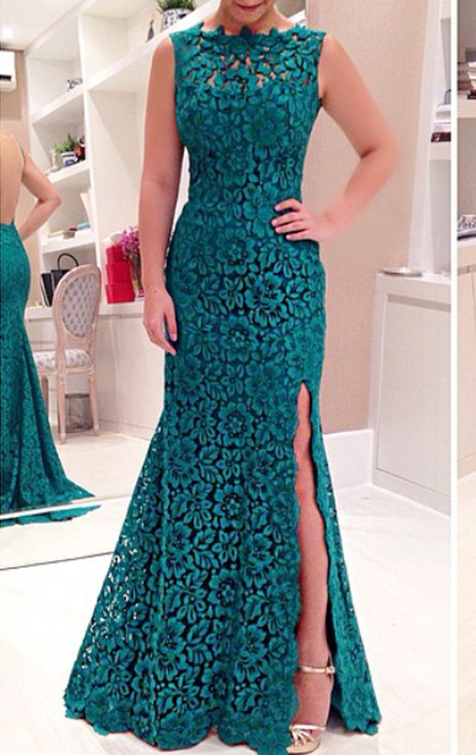 MACloth Mermaid Lace Prom Dress with Slit Teal Evening Formal Gown Teal / Above Knee / US8 MACloth Mermaid Lace Prom Dress with Slit Teal Evening Formal Gown Teal / Above Knee / US8