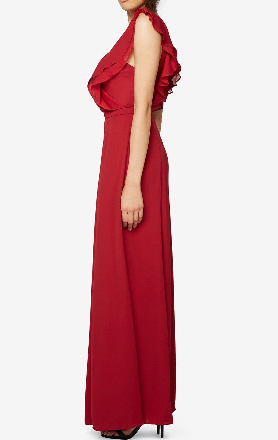 MACloth Träger V-Ausschnitt Chiffon Langes Brautjungfernkleid Rüschen Ballkleid
