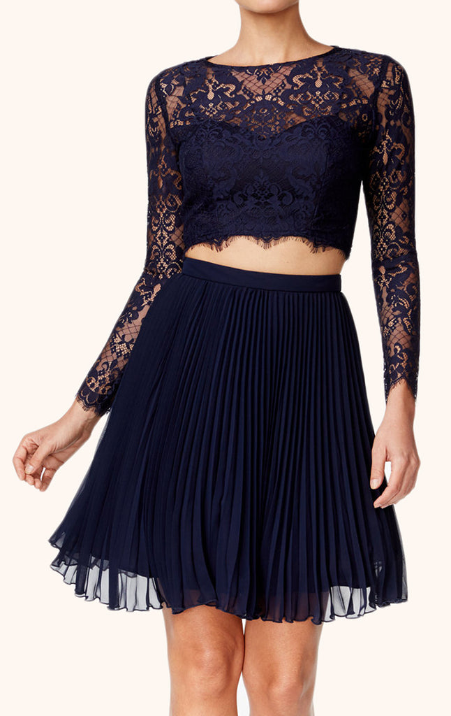 Vestido de cóctel de dos piezas con encaje y mangas largas de MACloth, vestido formal corto azul marino oscuro