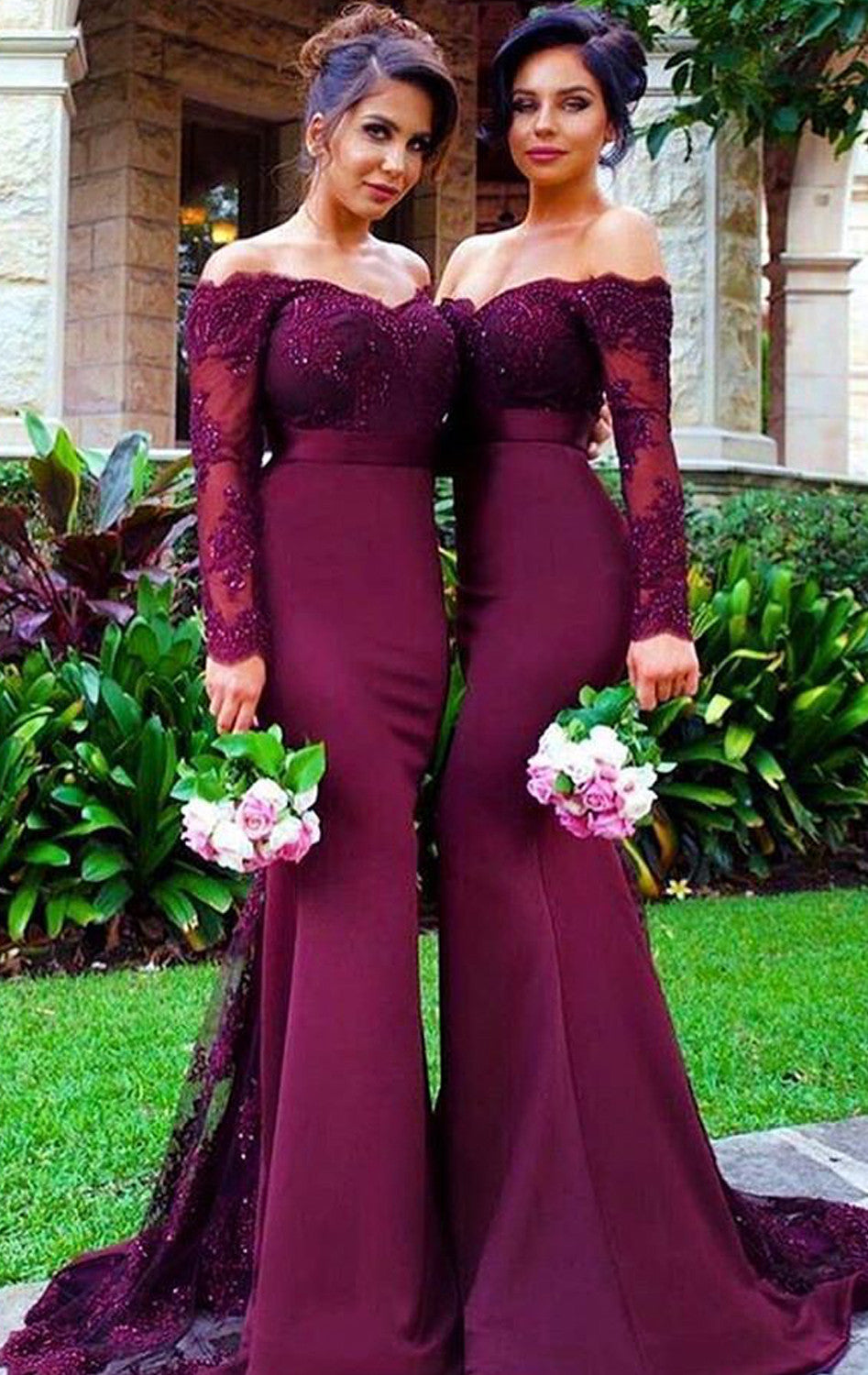 Macloth Mermaid Long Sleeve Lace Jersey Prom Dress Purple Formal Gown US26W / Purple