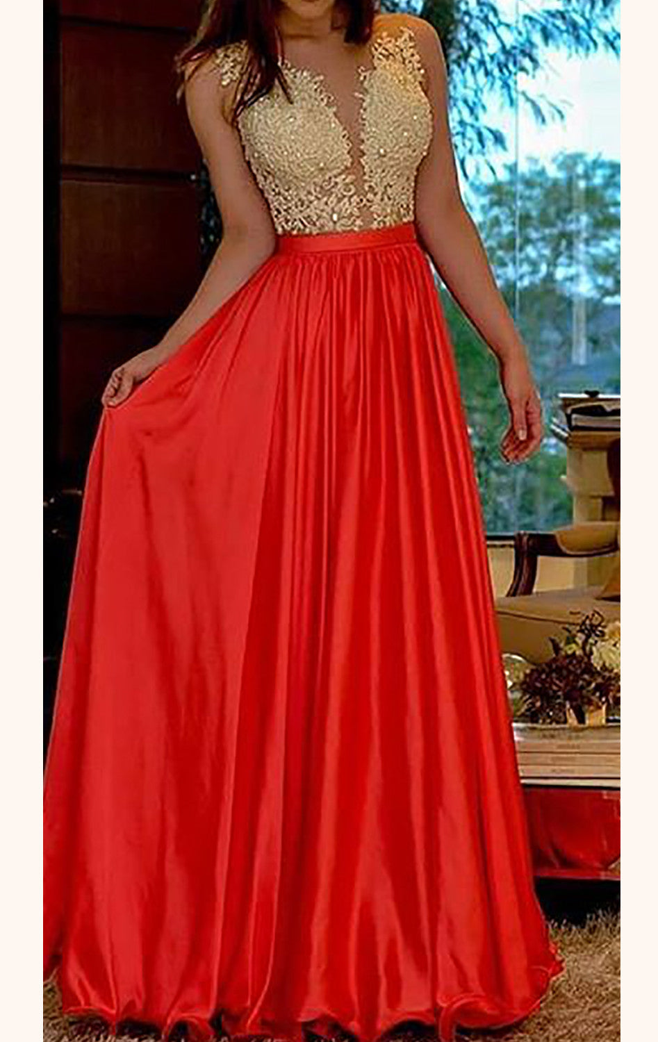 MACloth Straps V Neck Lace Long Prom Dress Open Back Red Formal Gown Red / Above Knee / US2