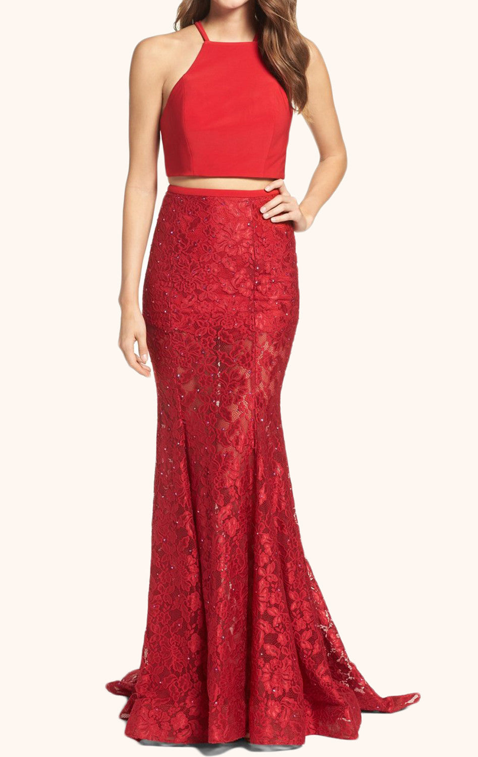 MACloth Two Piece Lace Long Prom Dress Red Formal Evening Gown Red / Floor Length / US4