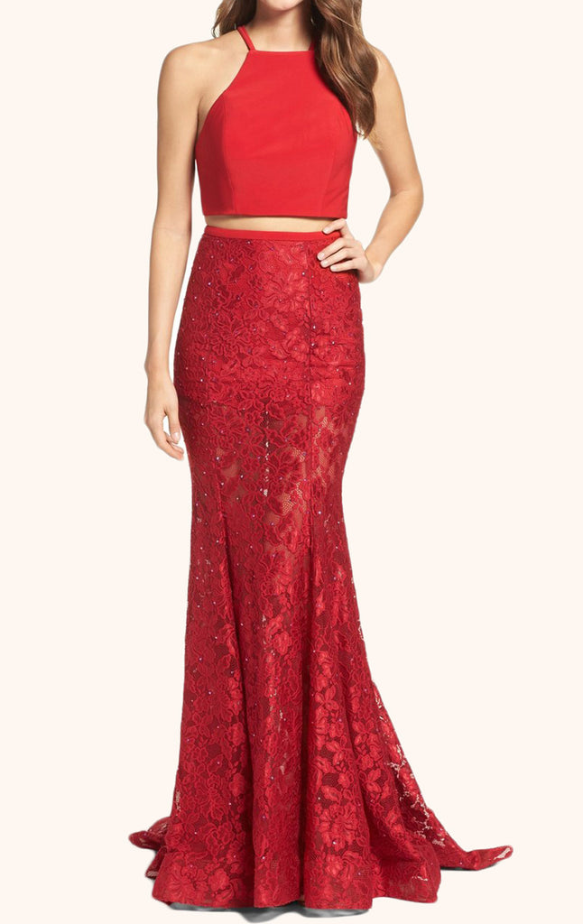 MACloth Two Piece Lace Long Prom Dress Red Formal Evening Gown