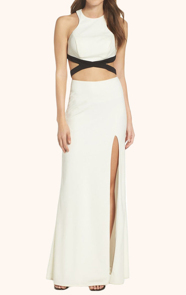 MACloth Two Piece Jersey Sexy Long Prom Dress Ivory Formal Gown