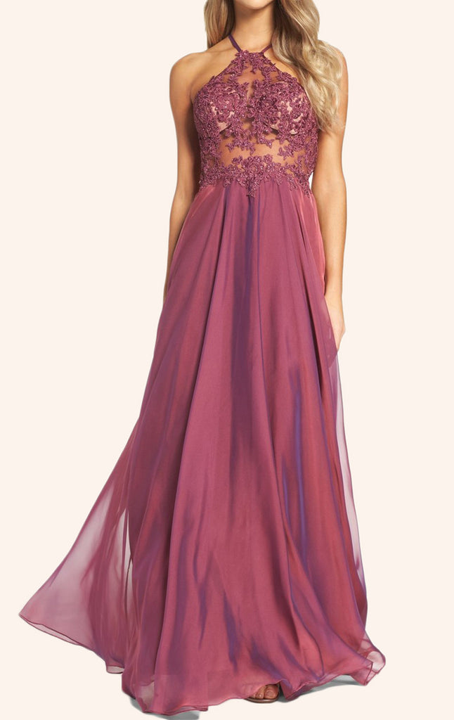 MACloth Halter Lace Chiffon Long Prom Dress Wine Red Formal Gown