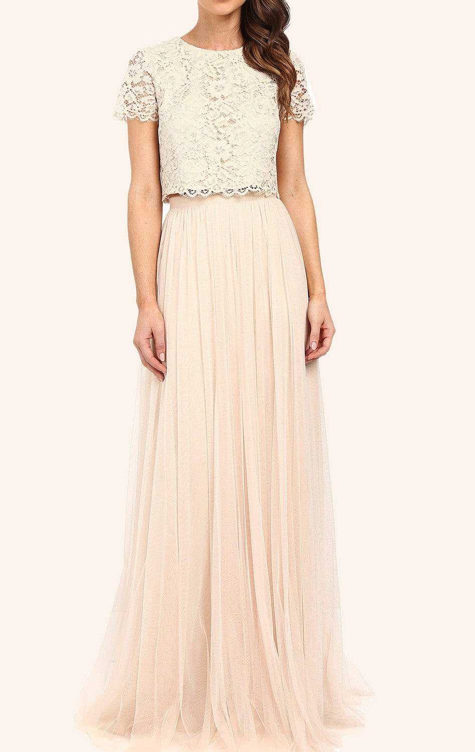 MACloth Two Piece Lace Tulle Long Bridesmaid Dress Champagne Formal Gown Custom Color / Above Knee / US2 MACloth Two Piece Lace Tulle Long Bridesmaid Dress Champagne Formal Gown Custom Color / Above Knee / US2