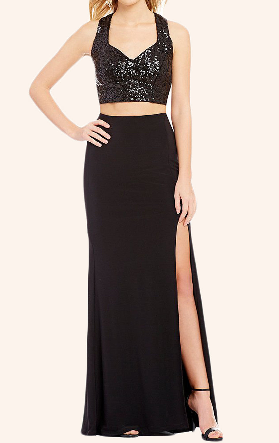MACloth Two Piece Sequin Jersey Long Prom Dress Black Formal Gown MACloth Two Piece Sequin Jersey Long Prom Dress Black Formal Gown
