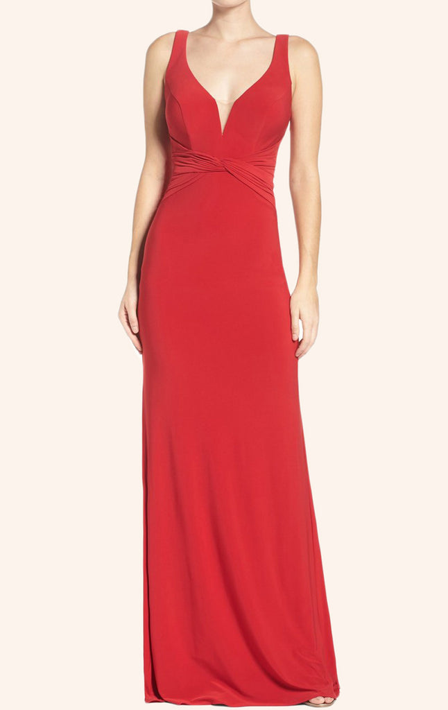 MACloth Träger V-Ausschnitt Jersey Langes Ballkleid Rotes formelles Abendkleid