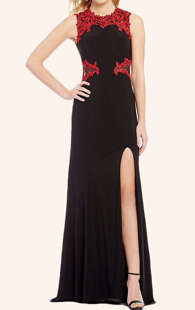 Vestido de fiesta largo de jersey con escote redondo y abertura de MACloth, vestido de noche formal negro
