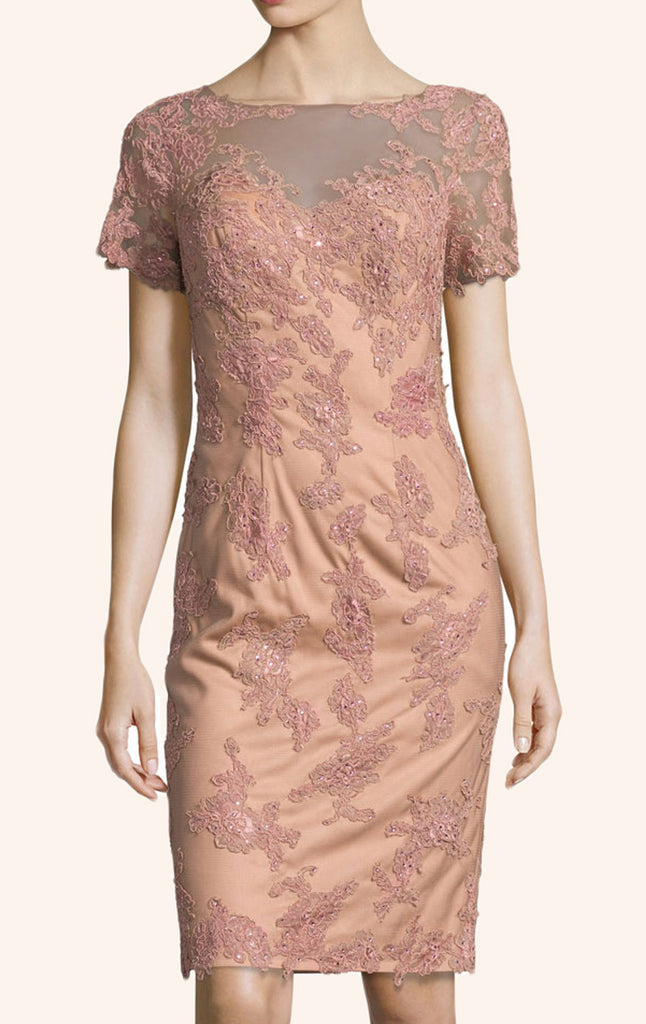 Vestido de cóctel de encaje de manga corta MACloth color melocotón para madre de la novia