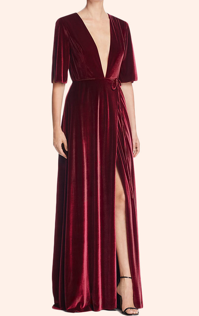 MACloth Deep V Neck Velvet Evening Gown Burgundy Formal Party Dress
