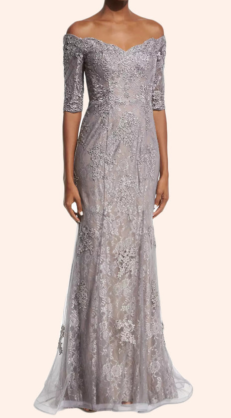 MACloth Off the Shoulder Half Sleeves Lace Mother of the Brides Dress Silver Formal Gown