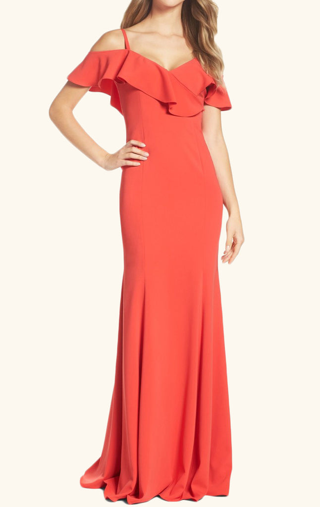 MACloth Schulterfreies Jersey-Langballkleid Koralle Formales Abendkleid