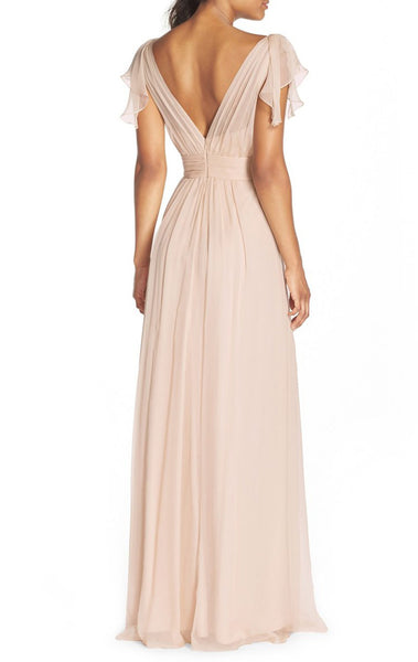 MACloth Cap Sleeves V Neck Chiffon Long Bridesmaid Dress Pearl Pink Fomral Gown