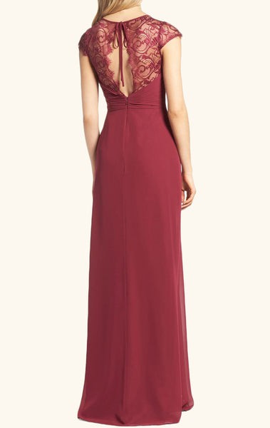 MACloth Cap Sleeves Lace Chiffon Long Bridesmaid Dress Burgundy Formal Gown