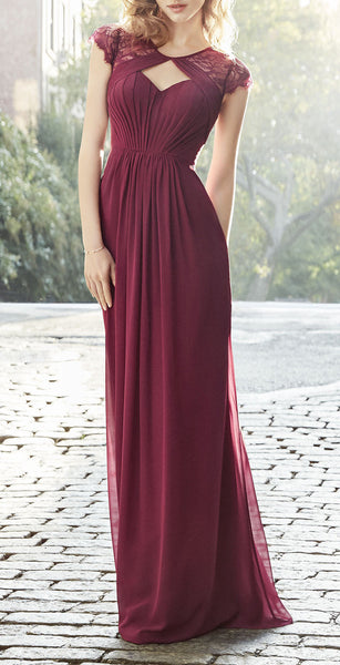 MACloth Cap Sleeves Lace Chiffon Long Bridesmaid Dress Burgundy Formal Gown