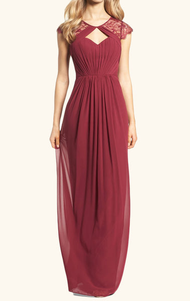 MACloth Cap Sleeves Lace Chiffon Long Bridesmaid Dress Burgundy Formal Gown