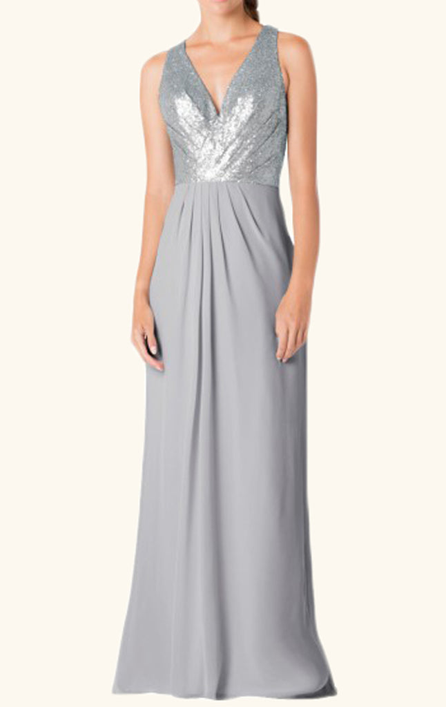 Vestido de dama de honor largo de gasa con escote en V y tirantes MACloth, con lentejuelas, vestido formal plateado