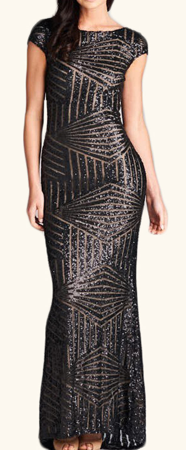 MACloth Cap Sleeves Sequin Long Bridesmaid Dress Black/ Rose Gold Formal Evening Gown