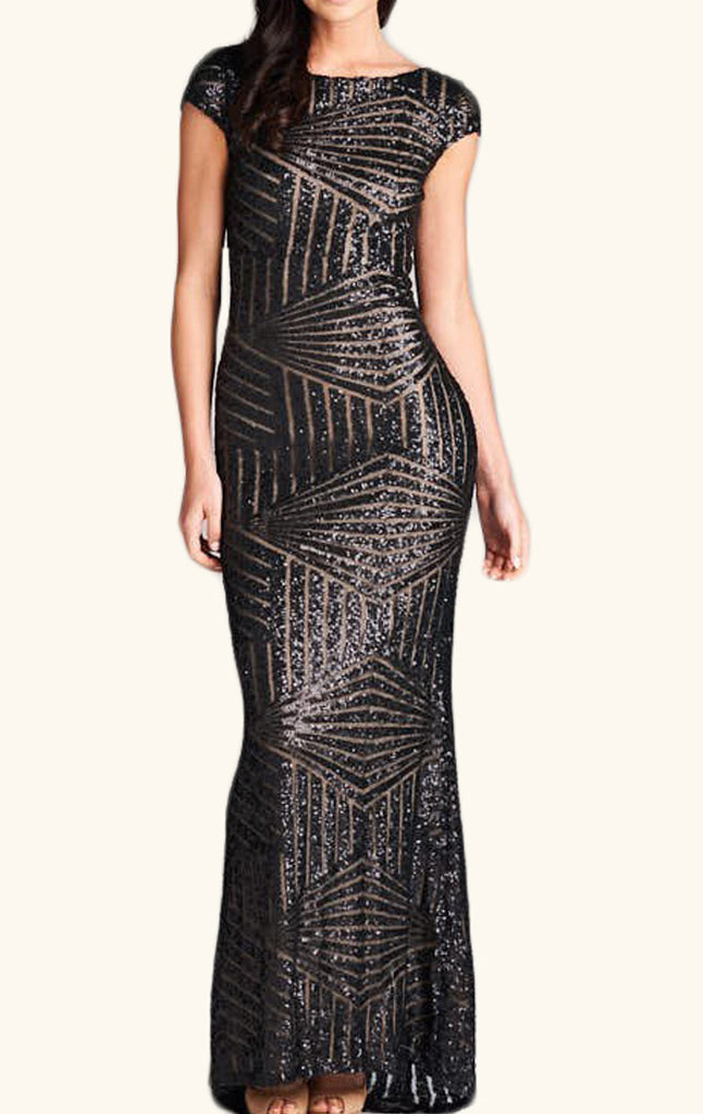 MACloth Cap Sleeves Sequin Long Bridesmaid Dress Black/ Rose Gold Formal Evening Gown