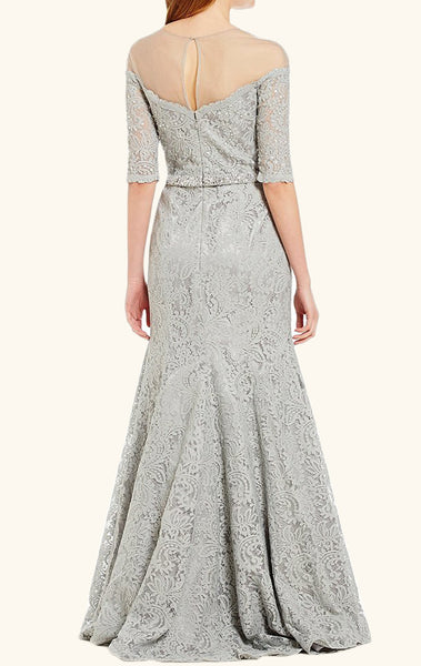 MACloth Meremaid Off the Shoulder Lace Evening Gown Silver Wedding Dress