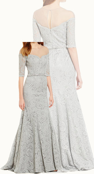 MACloth Meremaid Off the Shoulder Lace Evening Gown Silver Wedding Dress