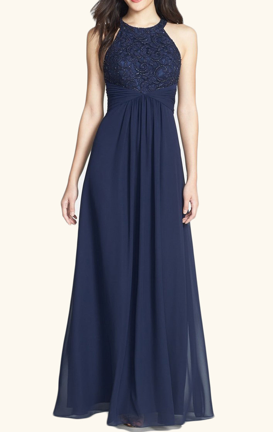 MACloth Halter Lace Chiffon Long Bridesmaid Dress Dark Navy Prom Formal Gown US26W / Custom Color