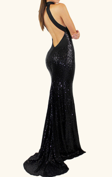 MACloth Mermaid Halter Sequin Long Prom Dress Black Formal Evening Gown