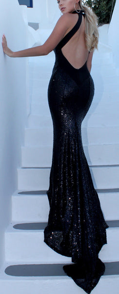 MACloth Mermaid Halter Sequin Long Prom Dress Black Formal Evening Gown