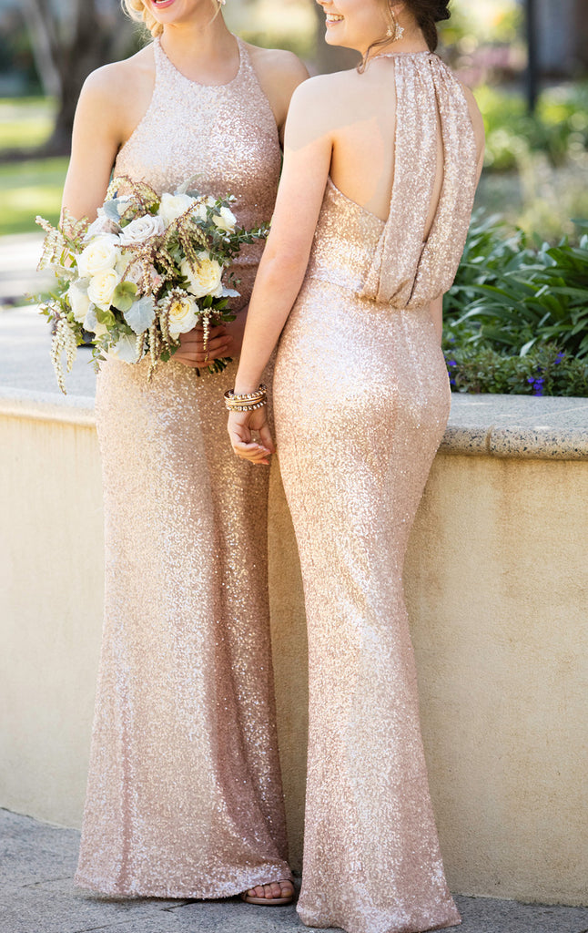 MACloth High Neck Sequin Long Bridesmaid Dress Blush Formal Gown