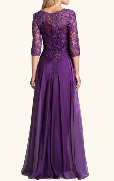 MACloth Half Sleeves Lace Chiffon Long Mother of the Brides Dress Purple Formal Evening Gown