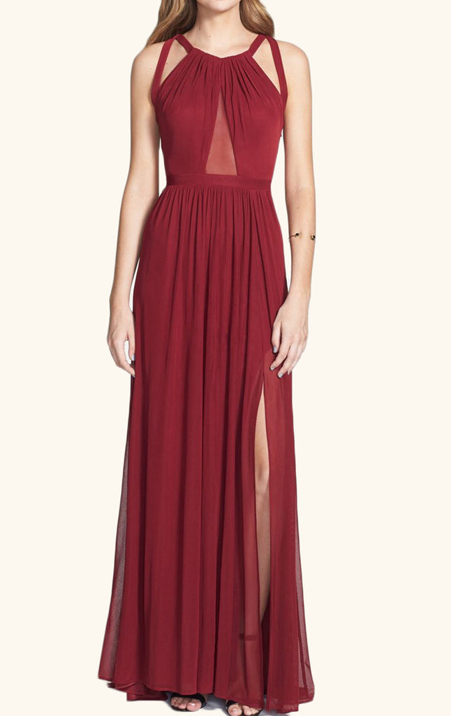 Vestido de fiesta largo de gasa color burdeos con cuello halter de MACloth, vestido de fiesta formal sencillo
