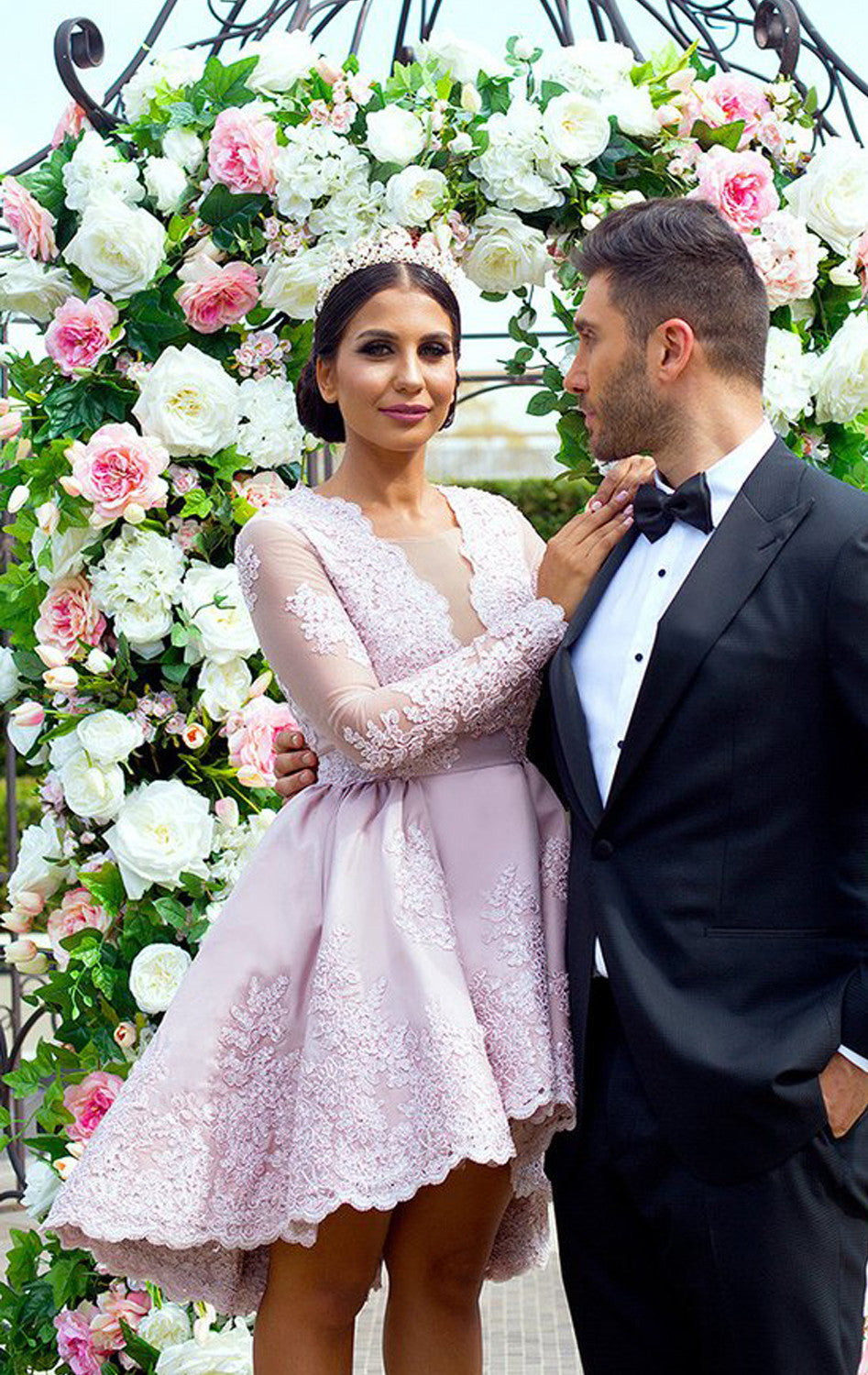 long sleeve cocktail dress for wedding MACloth Long Sleeves V Neck Lace Cocktail Dress Satin Wedding Party Formal Gown Custom Color / Above Knee / Custom Size
