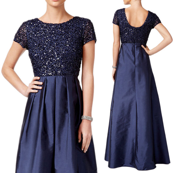 MACloth Cap Sleeves Sequin Taffeta Evening Gown Dark Navy Mother of the Brides Dress
