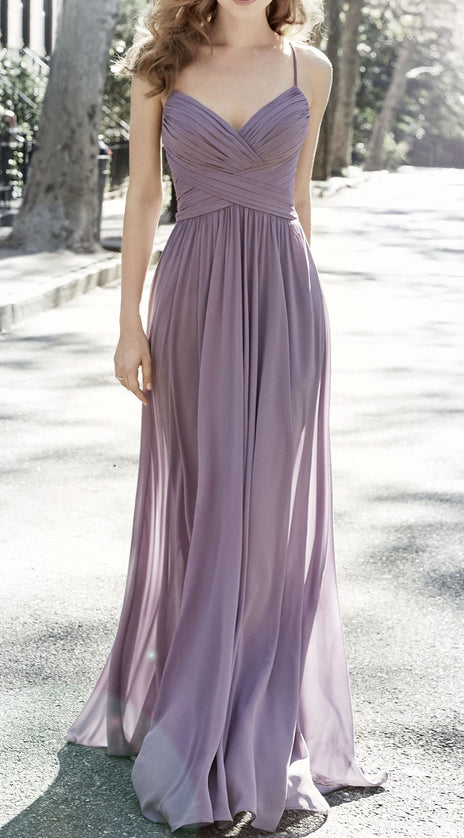MACloth Spaghetti Straps V Neck Long Bridesmaid Dress Vintage Dusty Lavender Wedding Party Formal Gown