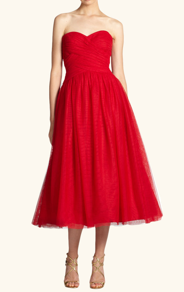 MACloth Strapless Sweetheart Midi Red Cocktail Dress Vintage Tulle Formal Gown