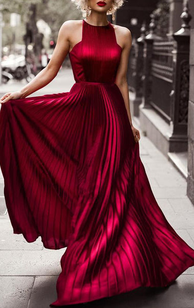 MACloth Halter Chiffon Long Prom Dress Elegant Red Evening Formal Gown