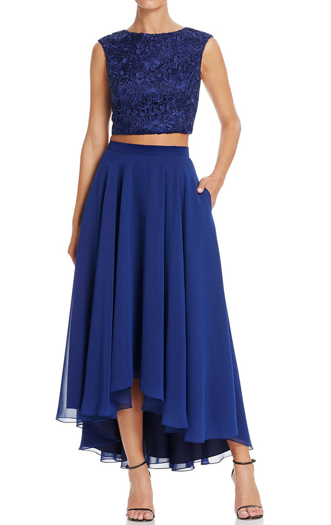 Vestido de cóctel de gasa con encaje de dos piezas de MACloth, largo hasta la rodilla, vestido de fiesta sencillo