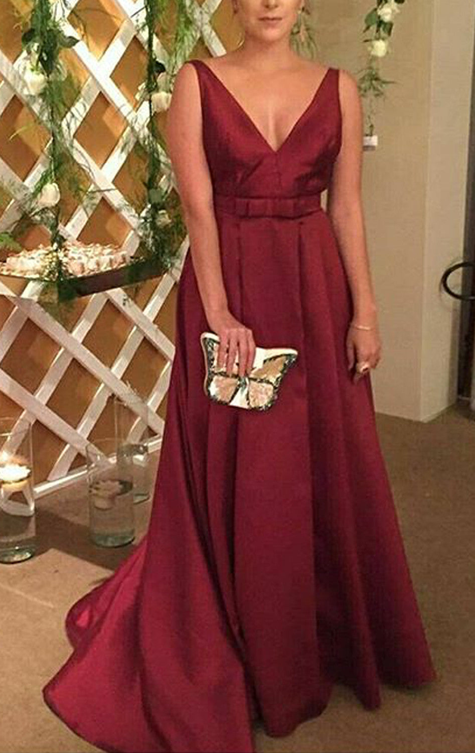 MACloth Straps V Neck Burgundy Prom Dress Elegant Wedding Party Formal