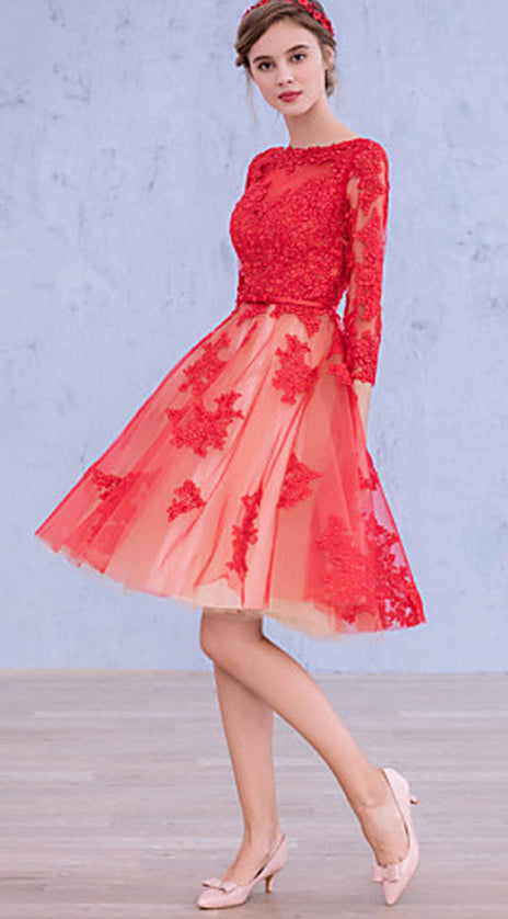 MACloth 3/4 Sleeves Lace Cocktail Dress Midi Red Wedding Party Formal Gown