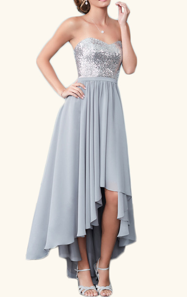 Vestido de cóctel de gasa con lentejuelas, alto bajo y sin tirantes de MACloth, vestido formal para fiesta de bodas en plata