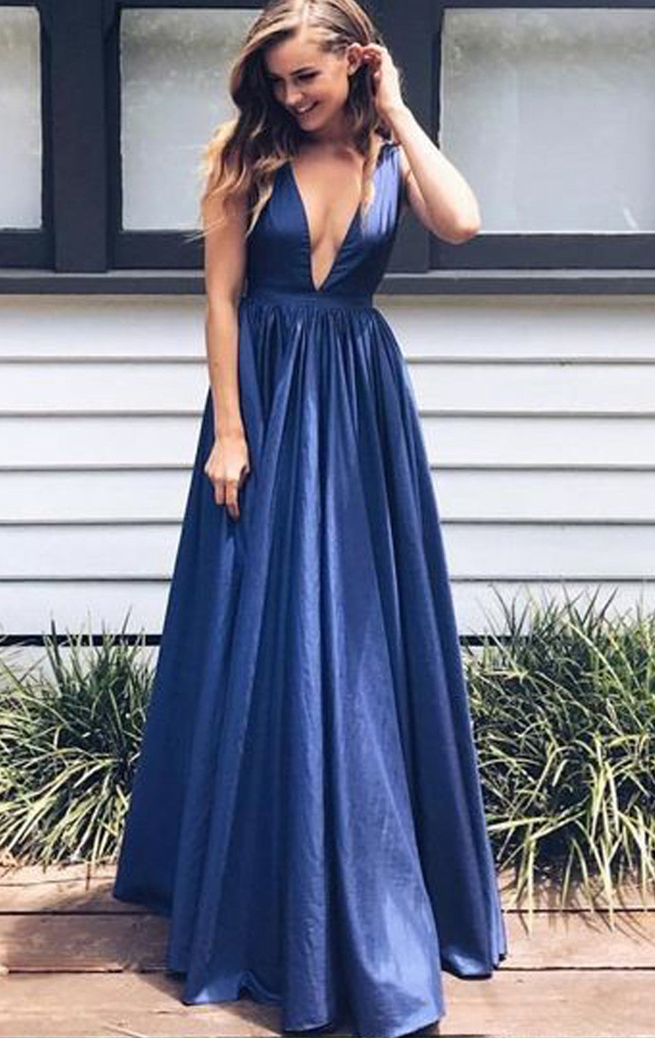 Deep V-Neck Floor-Length Royal Blue Taffeta Prom Dress with Pockets US12 / As Picture