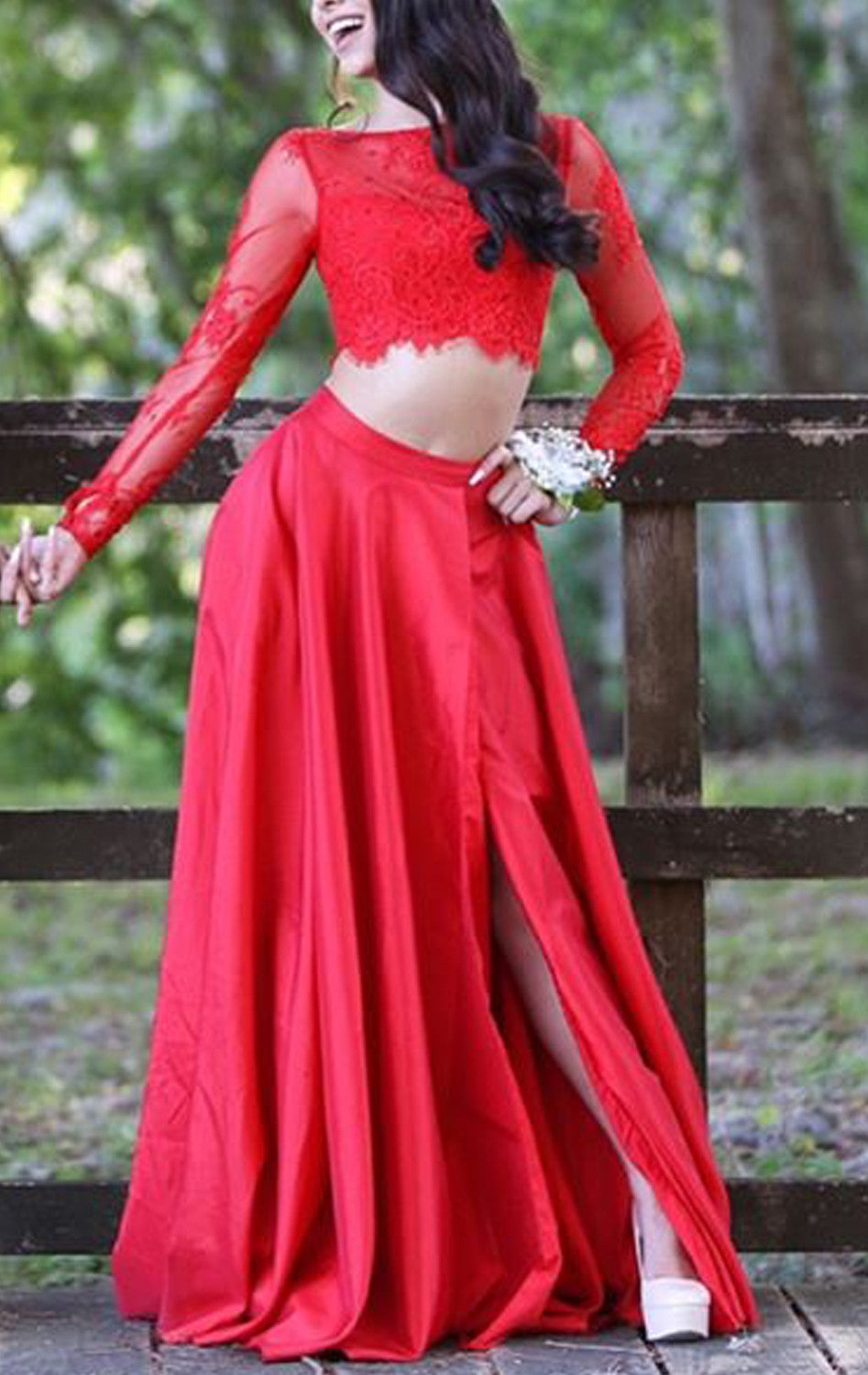 Macloth Two Piece Long Sleeves Lace Taffeta Prom Dress 2017 Red Formal Evening Gown Red / Above Knee / US12 Macloth Two Piece Long Sleeves Lace Taffeta Prom Dress 2017 Red Formal Evening Gown Red / Above Knee / US12
