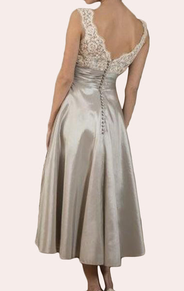 MACloth Straps V neck Lace Satin Midi Mother of the Brides Dress Ivory Formal Gown