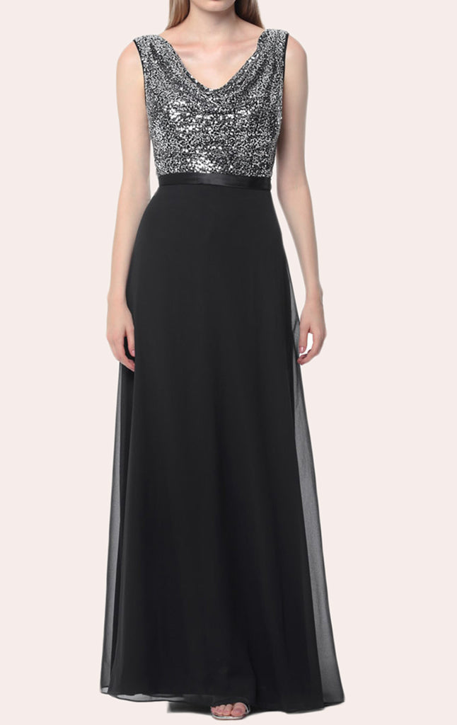 Vestido de dama de honor largo de gasa con lentejuelas y cuello vuelto de MACloth, vestido formal negro